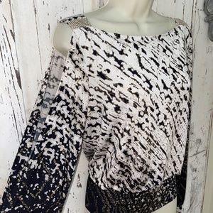 Joseph Ribkoff Woman's Blouse Top Size 8 Cold Shoulder Blouson Black Gold Ivory